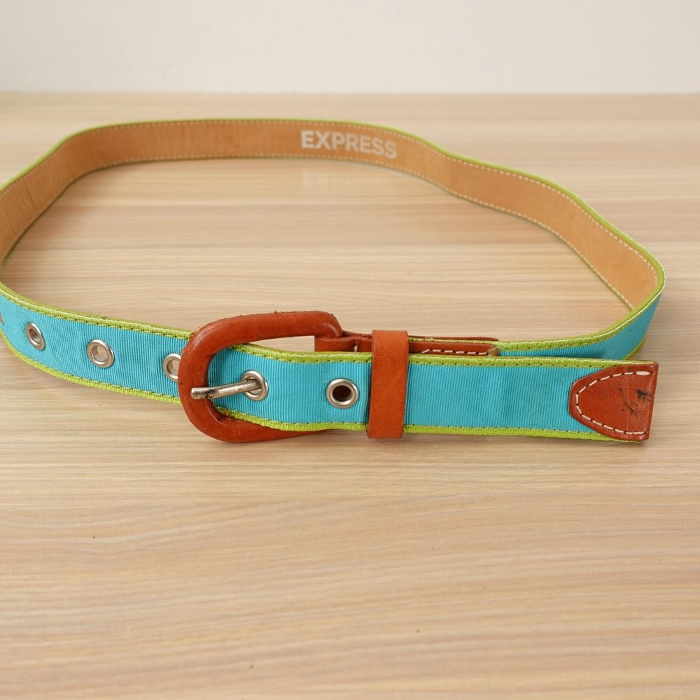 Vintage EXPRESS Belt‎ Womens Small Cyan Leather Nylon Waist Belt 30 Dress Blue